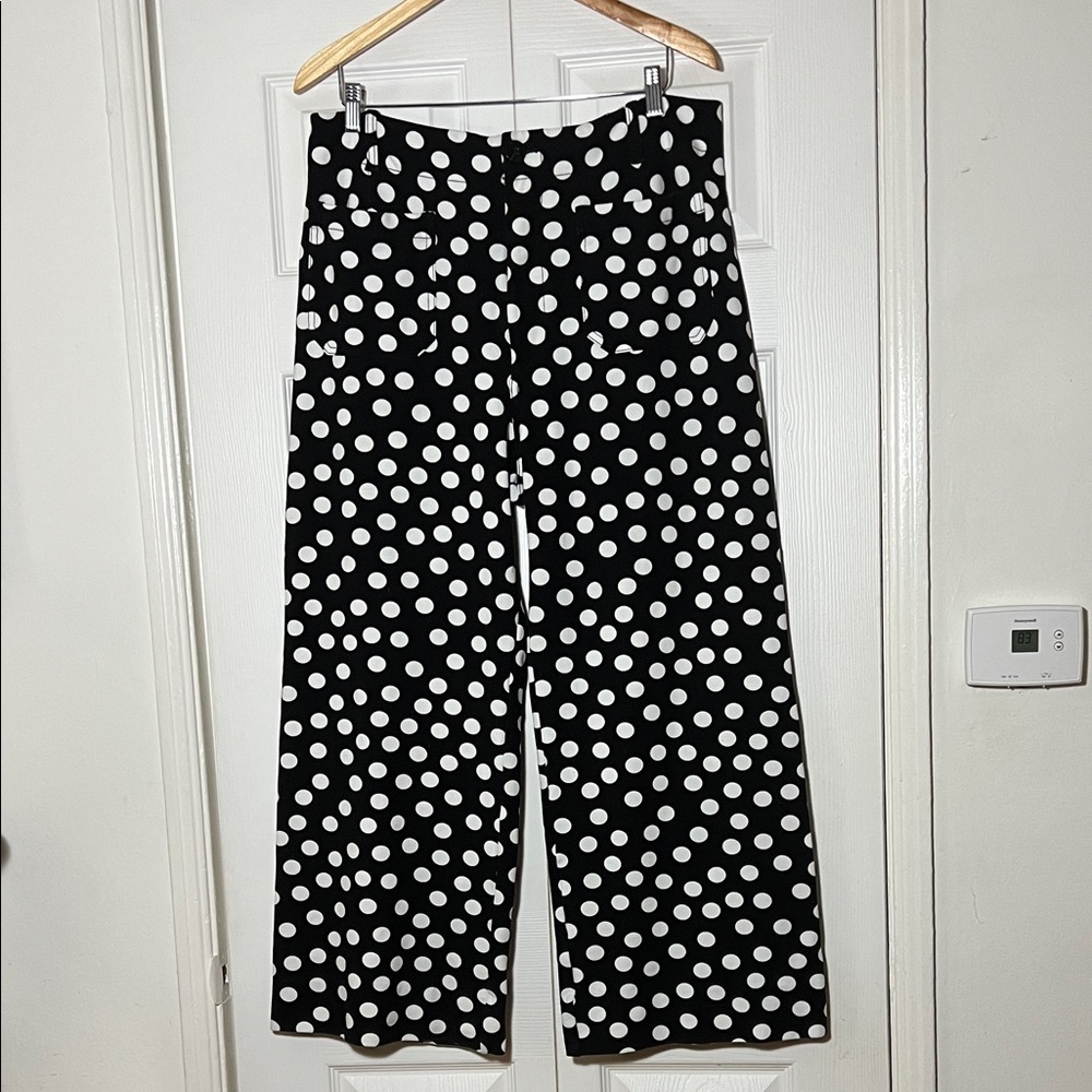 Maeve Black Wide-Leg Pants with White Polka Dots